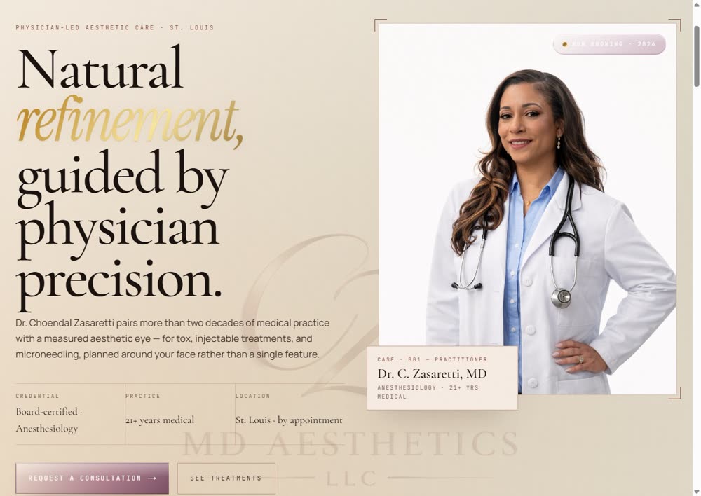 CZ MD Aesthetics homepage, a live physician-led medical aesthetics site