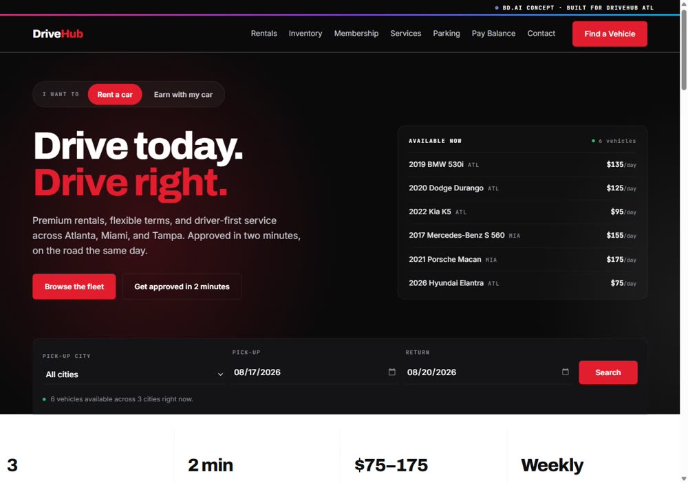DriveHub ATL concept pitch homepage, a dark-performance vehicle rental demo