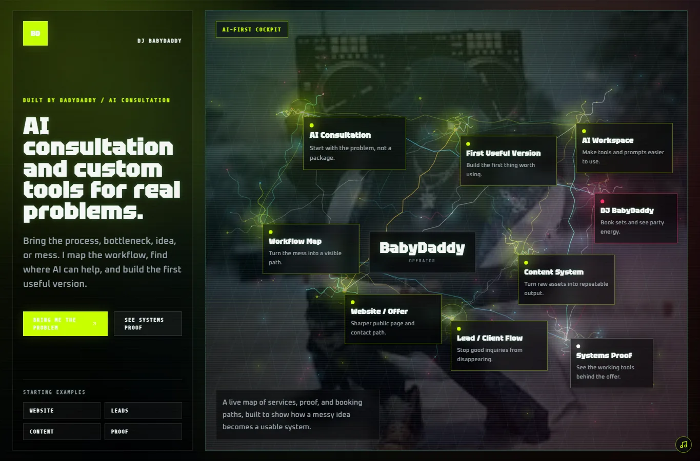 Built by BabyDaddy homepage showing AI consultation services and project workflow map.
