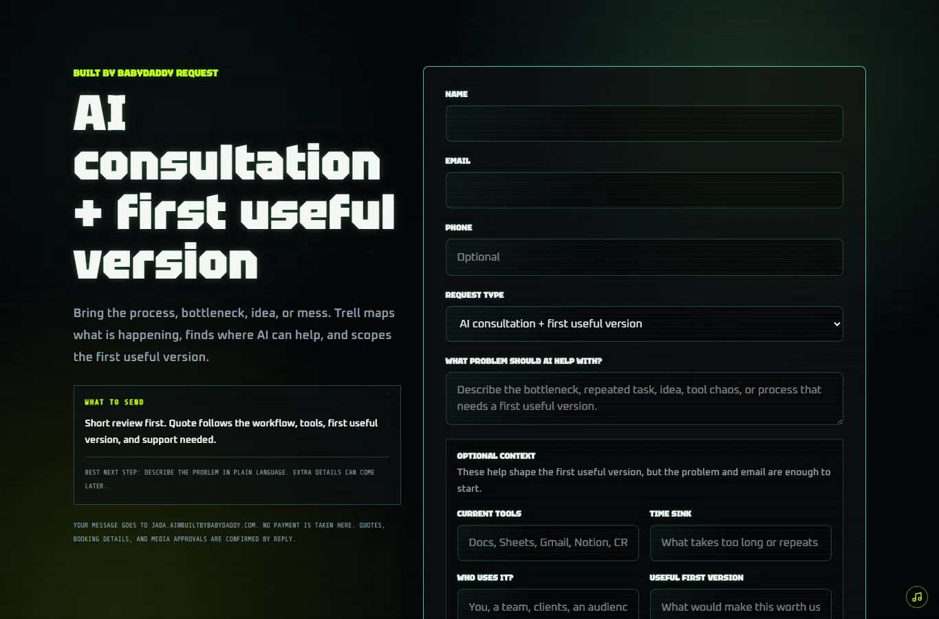 Built by BabyDaddy request form showing structured AI consultation intake fields.