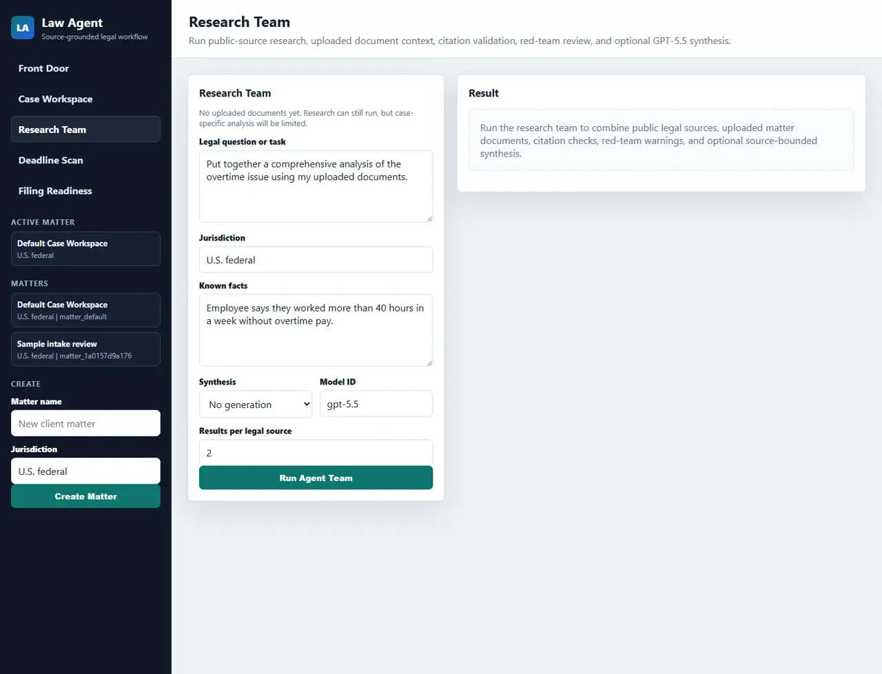 Source-grounded AI research flow showing document review and structured findings.