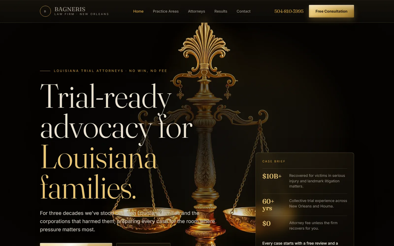 Bagneris Law redesign concept in a dark noir and gold treatment