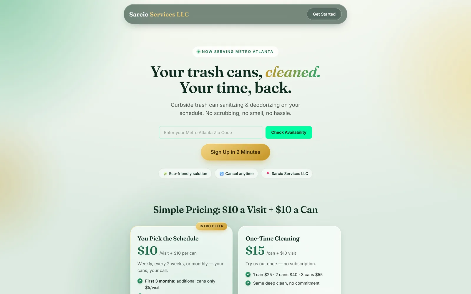 Trash can cleaning subscription signup page