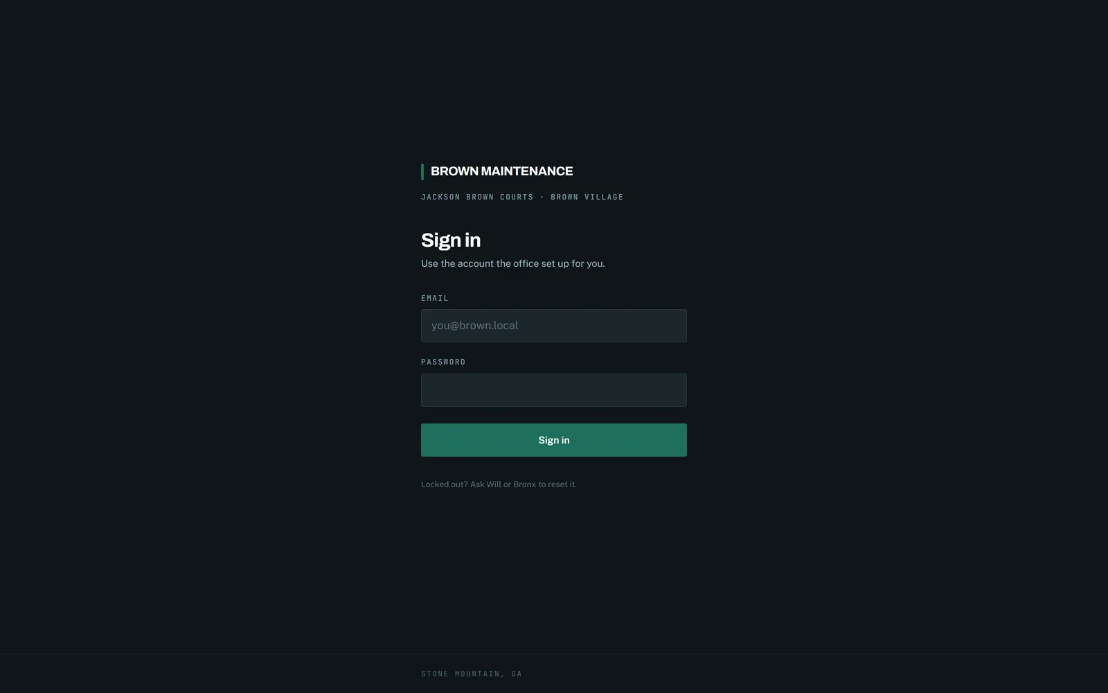 Brown Maintenance sign-in screen in a dark dispatch-style interface with copper accent