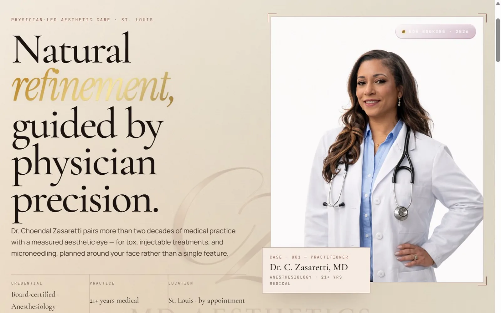 CZ MD Aesthetics homepage with serif headline and physician portrait