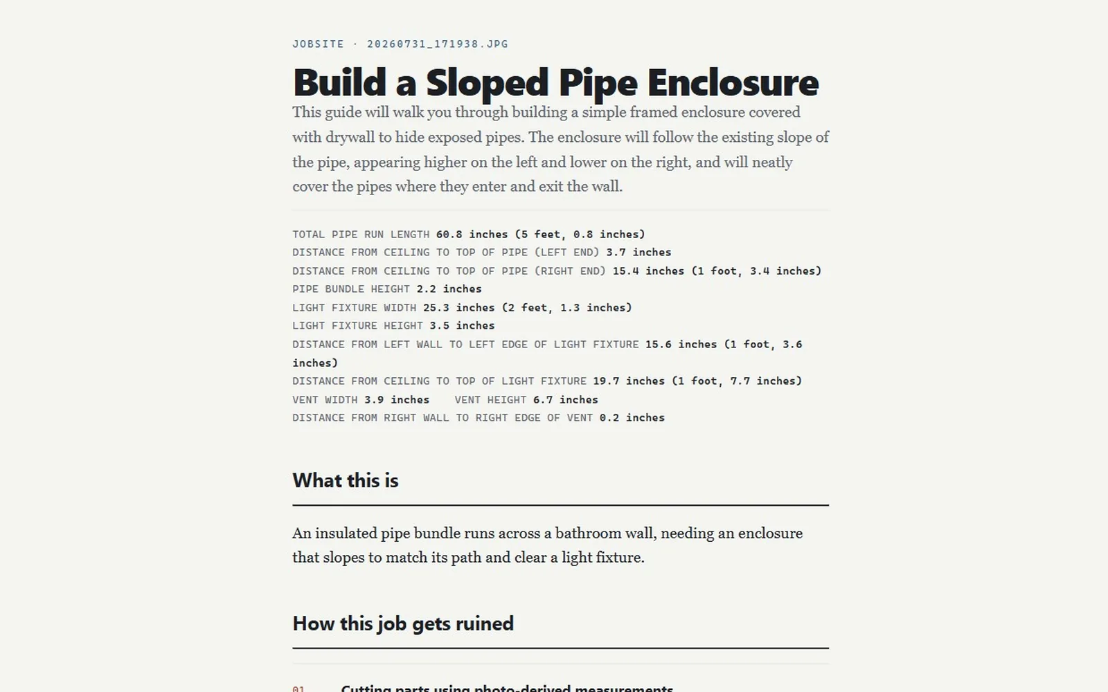 Generated build guide titled 'Build a Sloped Pipe Enclosure' listing derived measurements
