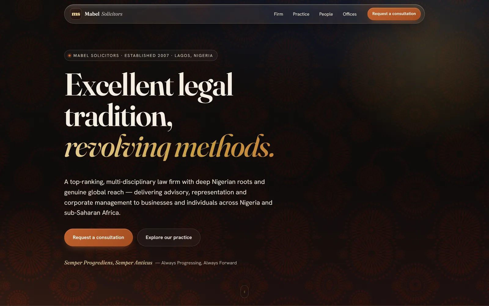 Mabel Solicitors landing page with serif headline over a dark Adire textile pattern
