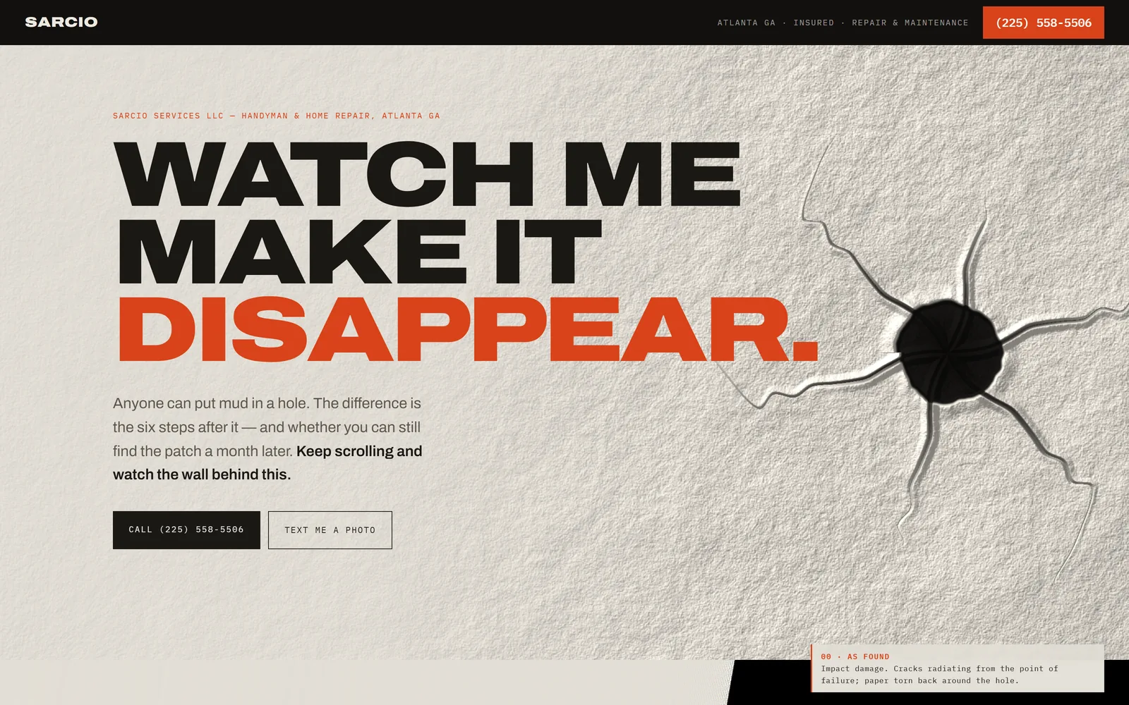 Sarcio Services website hero reading 'Watch me make it disappear' beside a damaged wall photo